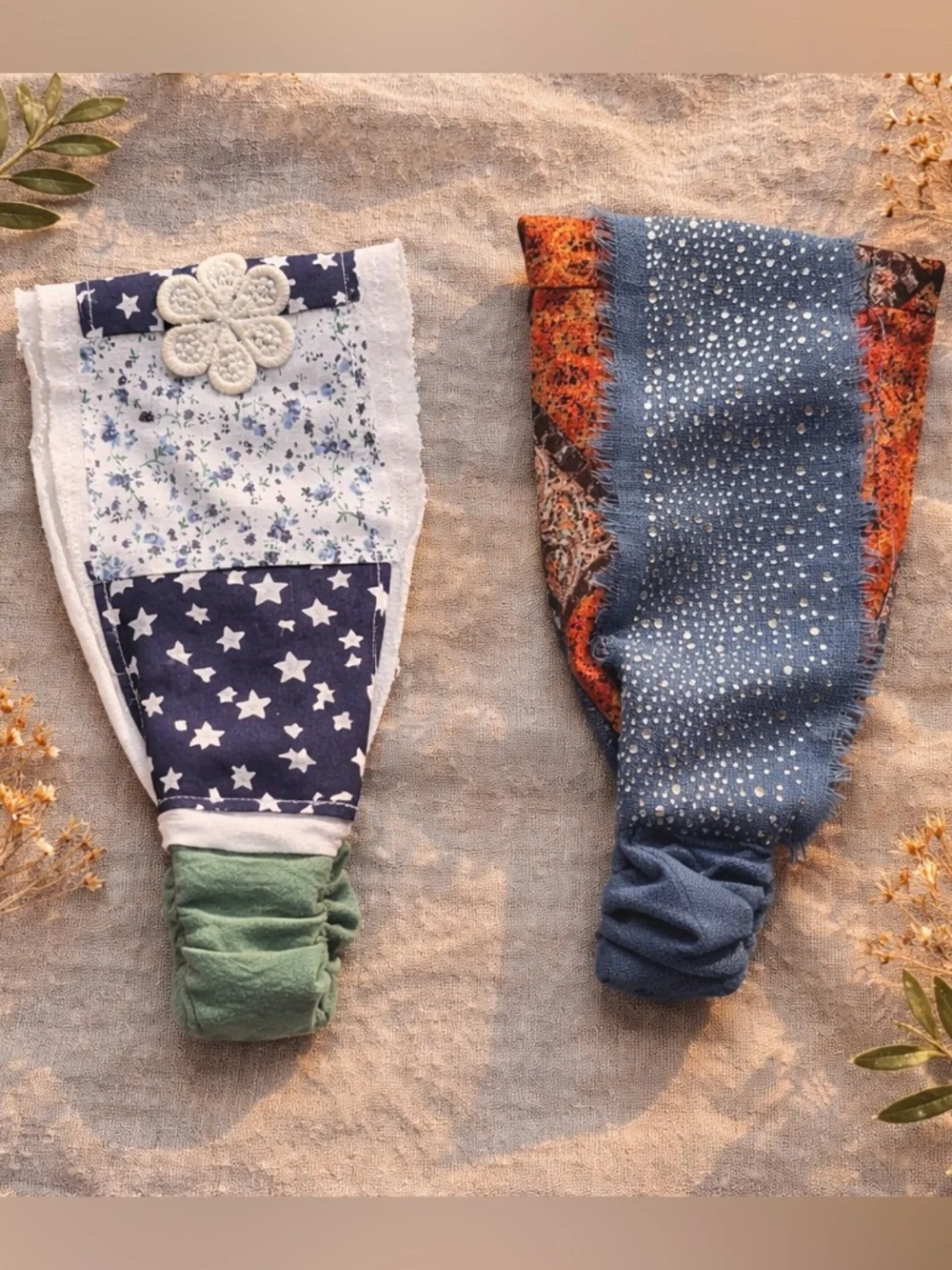 Bohemian Hippie Patchwork Wide Headbands Duo Fits All Rhinestone Cotton Linen